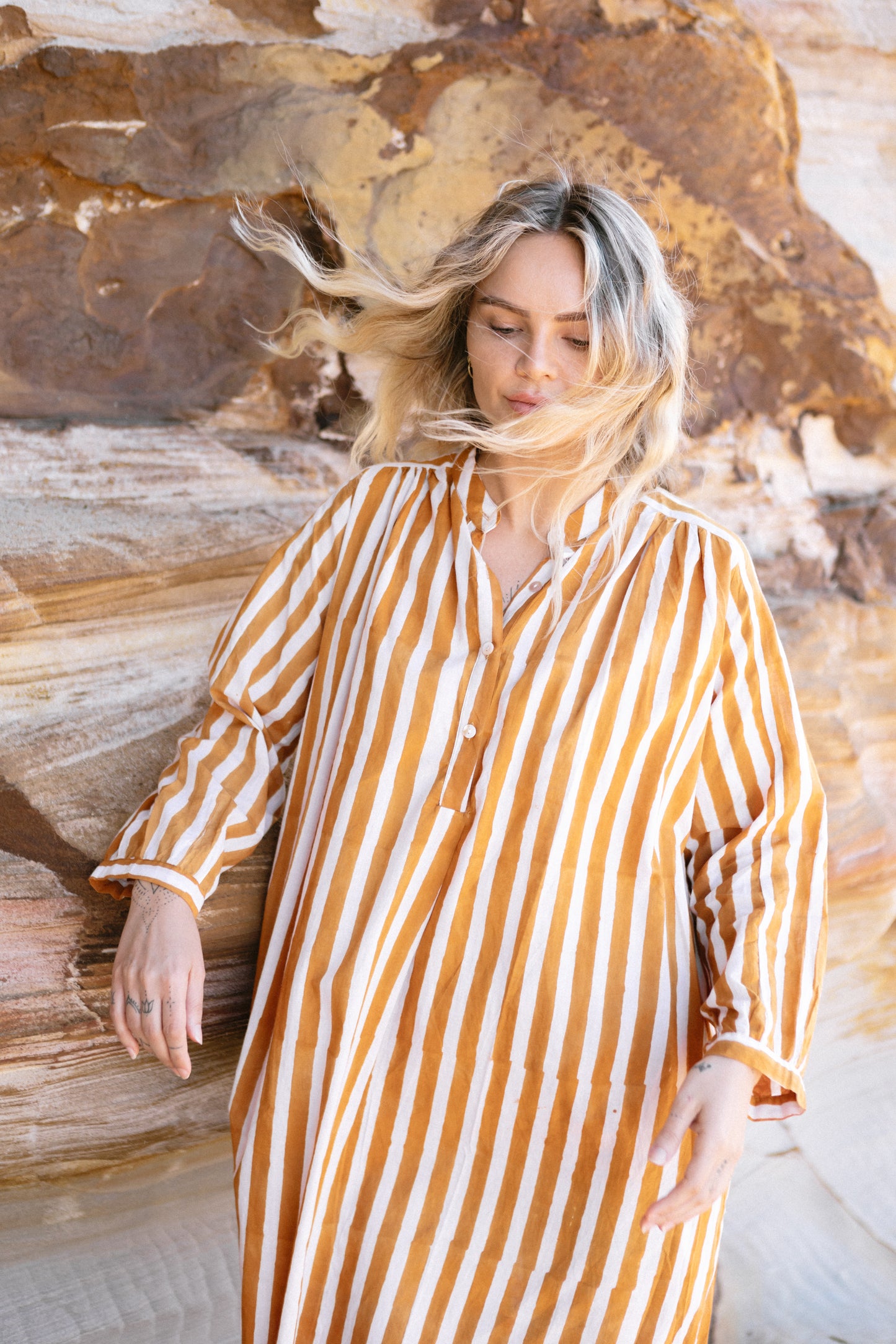 Cotton Voile Midi Dress - Terracotta Stripe