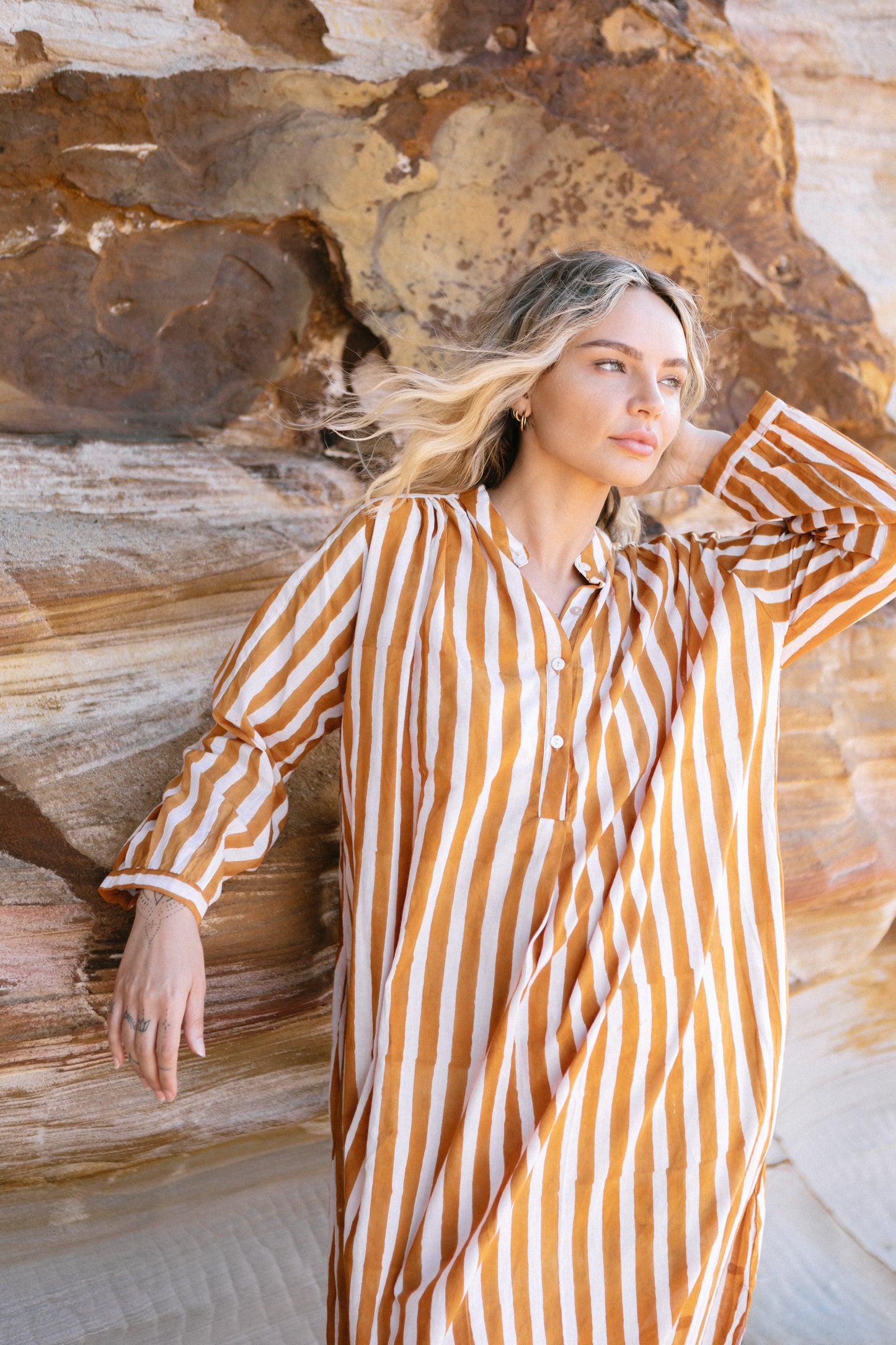 Cotton Voile Midi Dress - Terracotta Stripe