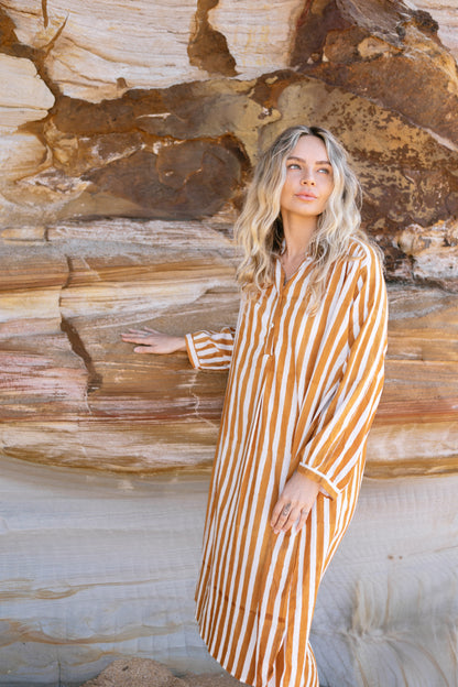 Cotton Voile Midi Dress - Terracotta Stripe