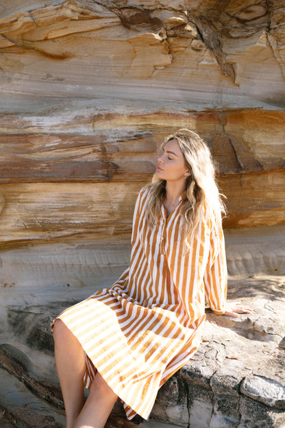 Cotton Voile Midi Dress - Terracotta Stripe